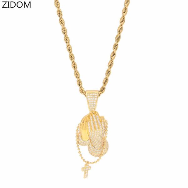 

men hip hop praying hands with cross pendant necklaces zircon fashion hiphop iced out necklace male jewelry lover gifts, Silver