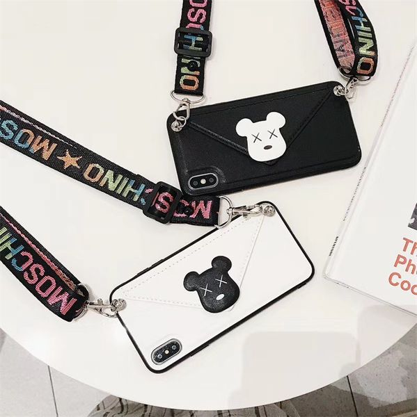 

one piece phone case for iphone xs max x 6s 6plus 7 8plus fashion cartoon bear designer phone case back cover with lanyard