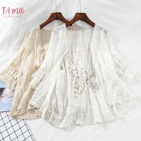 

harajuku kimono hollow out lace embroidered blouse short sleeve blouse cardigan boho see through women v neck shirt blusas, White