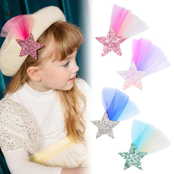 

20pcs/set glitter star mesh hair clips lace meteor hairpin colorful gradient color kids barrettes sweet birthday party headwear, Slivery;white