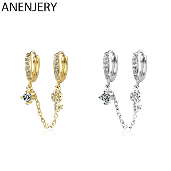 

anenjery 1pc punk стиль двойной уха отверстие циркон серьги обруча стерлингового серебра 925 key chain серьги для женщин ювелирные изделия s, Golden;silver
