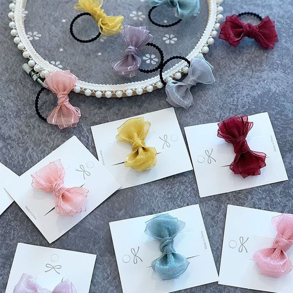 

bows gauze elastic rope hairpins for children girl princess rope good texture hair ties ponytail holder hair bands accessories, Slivery;white