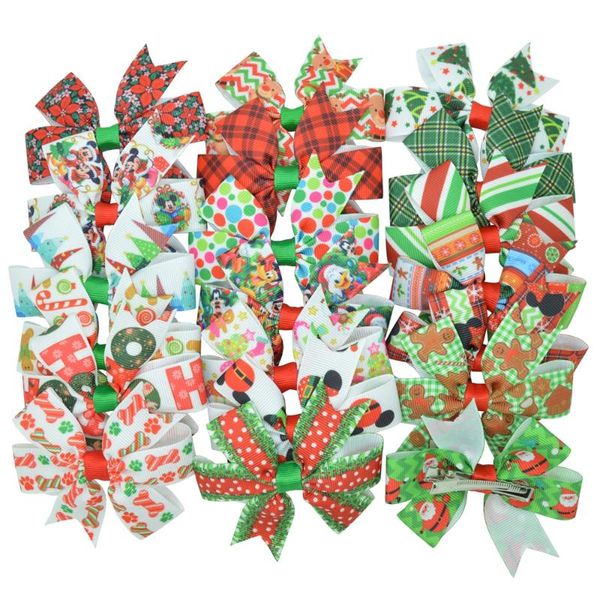 

supwrf 20pcs  colors christmas printed ribbon bows clips girl's hair boutique headware kids hair accessories mix t0929, Slivery;white