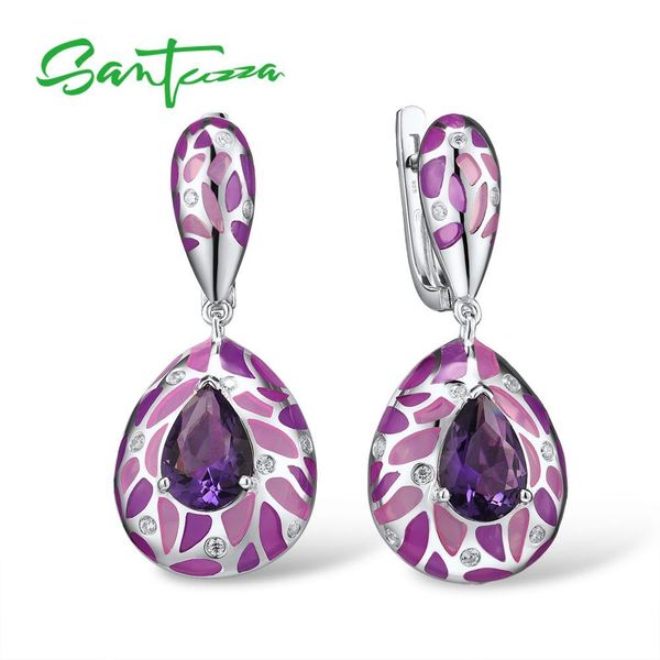 

santuzza silver earrings for women genuine 925 sterling silver purple stone shiny white cz fine jewelry handmade enamel cx200628, Golden
