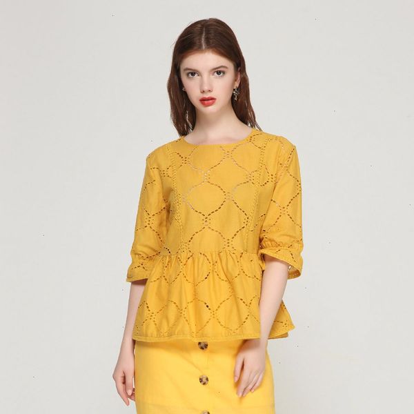 

women sweet hollow out embroidery blouse three quarter sleeve o neck pleated shirt solid ladies casual blusas la096, White