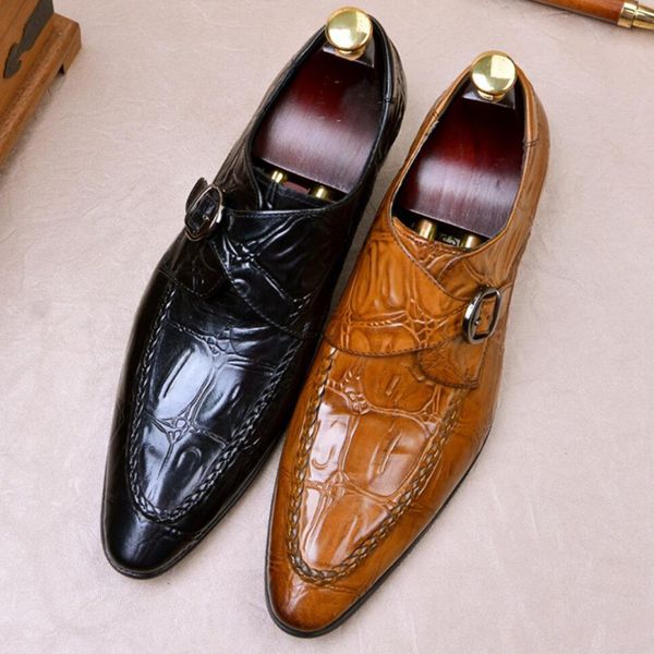 

new luxury pattern man formal dress shoes genuine leather monk strap oxfords pointed toe buckle men's handmade suit flats ss562, Black