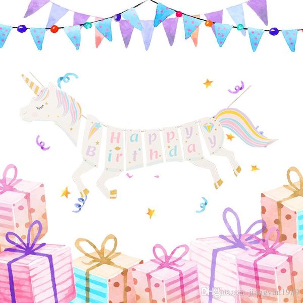 2020 Unicorn Paper Flag Happy Birthday Banner Wedding Cartoon Flag
