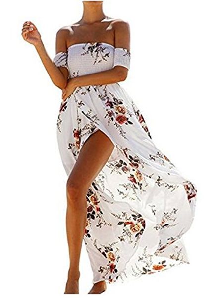 

taiduosheng women's boho off the shoulder floral print split chiffon beach party maxi dress, Black;gray