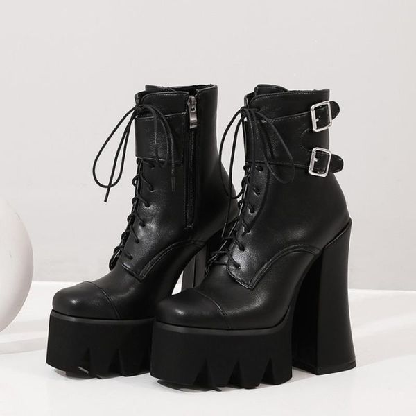 

us4-11 womens pointed toe platform ankle boots motorcycle block super high 15cm heel shoes crocodile pattern warm winter plus sz, Black