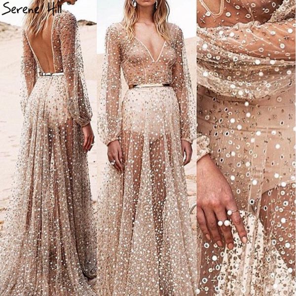 

nude backless long sleeves a-line evening dresses 2019 v-neck beading perspective evening gowns long serene hill la70194, White;black