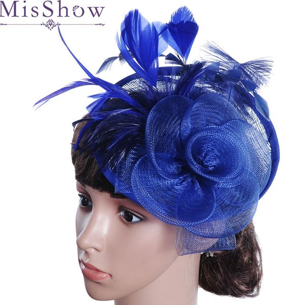 

2019 hair accessories elegant lady cap elegant women fascinator mesh hat ribbons and feathers wedding party hat chapeu feminino, Blue;gray