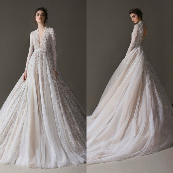 

2020 bohemian bridal dresses v neck appliqued beaded long sleeves wedding dress open back ruffle sweep train custom made robes de mariÃ©e, White