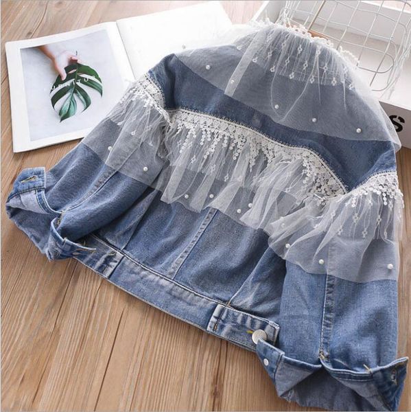 

girls denim coats 2020 fall lace tulle patchwork coats kids fashion high-grade girls jacket wholesale kids clothing, Blue;gray