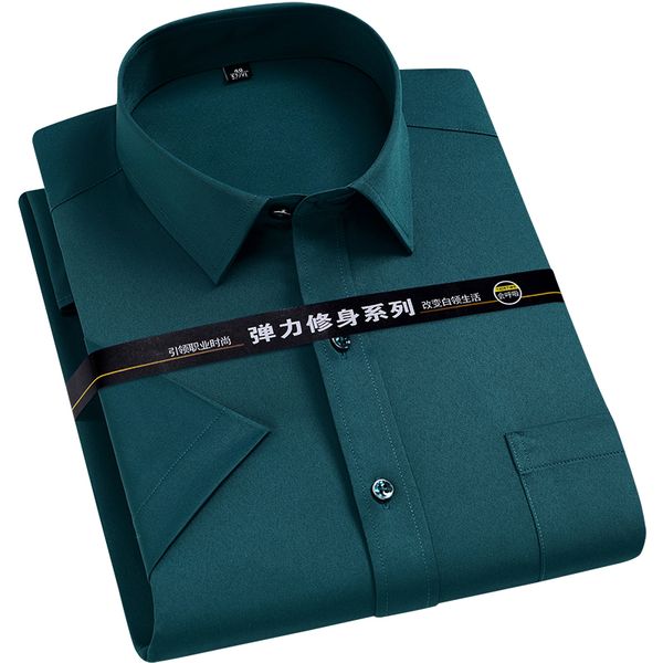 

summer new men's short sleeve dress shirt solid color social non-iron stretch fashion basic regular fit formal shirt with pocket, White;black