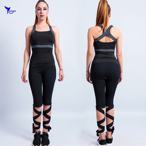 

2 pcs high waist capris leggings+sports bra women yoga set elastic quick dry bandage gym fitness cross tie tights running set, Black;blue
