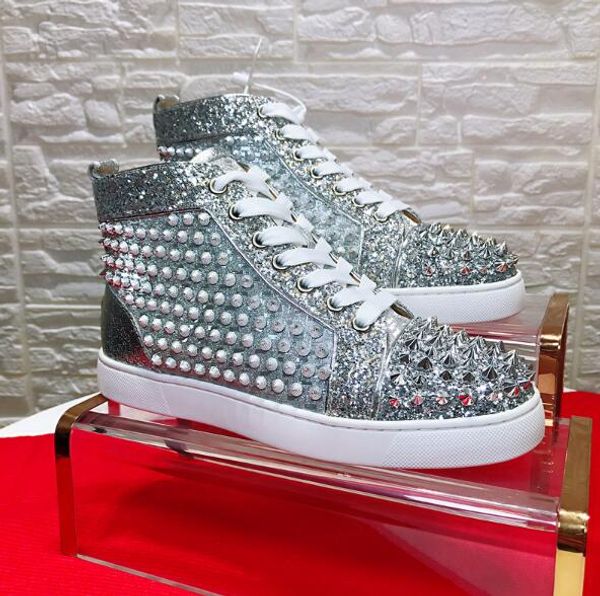 

серебряный блеск кожи высокого top brand кружевные кроссовки обувь, модельер мужчины, женщины известные вскользь walking венчания партии, Black