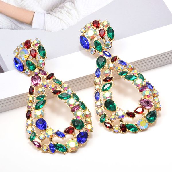 

wholesale za new dangling water drop shaped long earrings studded with colorful crystal pendientes jewelry accessories for women, Silver