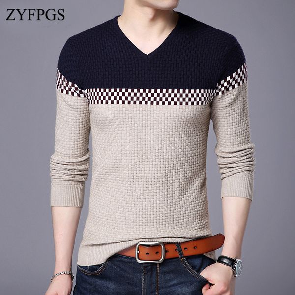 

zyfpgs autumn/winter wool sweaters casual hit color v-neck pullovers jumper for man slim fit korean men's sweater new 914, White;black
