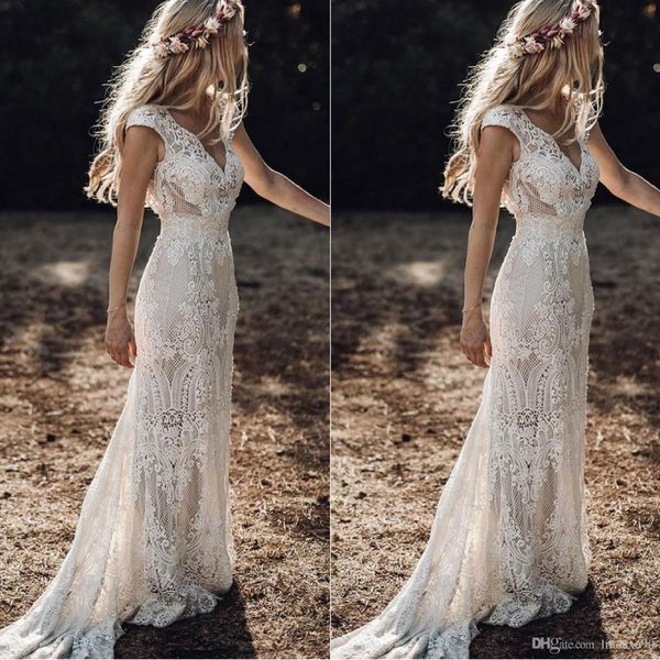 

vintage 2020 berta full lace mermaid wedding dresses v neck cap sleeve bridal gowns bohemian beach garden custom made vestido de n245p, White