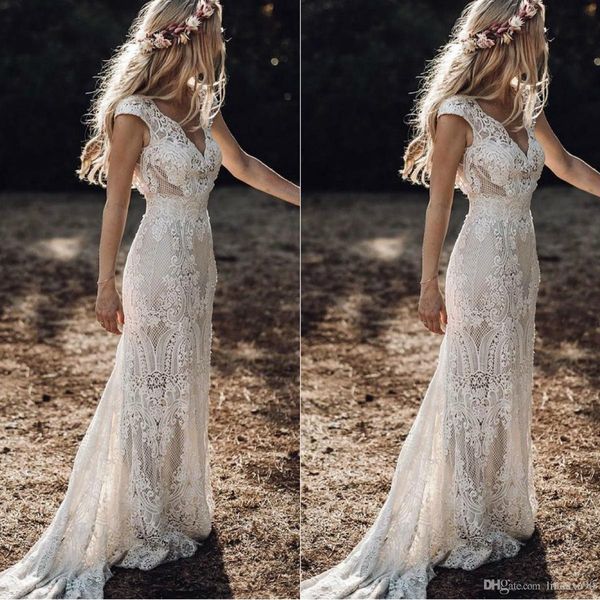 Vintage 2020 Berta Tam Dantel Mermaid Gelinlik V Boyun Cap Sleeve Gelin Törenlerinde Bohemian Beach Bahçe Custom Made Vestido De Novia