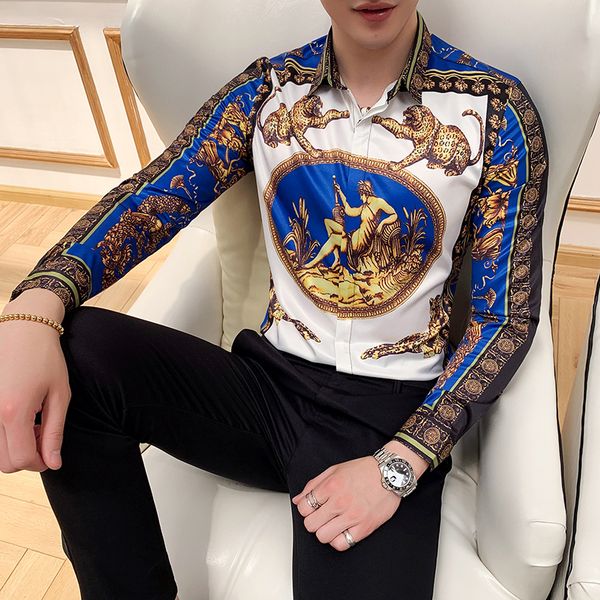 

mens shirt fashion floral social slim fit mens printed long sleeve club outfits mens designer flower shirts, White;black
