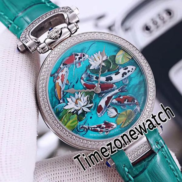 Bovet 1822 Amadeo Fleurie 3D Koi Fish Lotus Zifferblatt Schweizer Quarz Herren Damen Unisex Uhr Stahl Diamant Lünette Grünes Leder Zeitzonenuhr E14b2