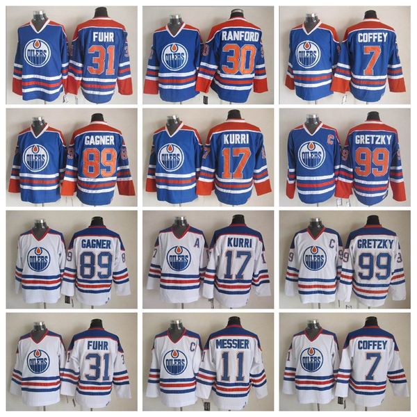 

vintage ccm edmonton oilers hockey jerseys 99 gretzky 7 coffey 11 messier 17 kurri 30 #30 ranford 31 fuhr 89 gagner white blue, Black;red