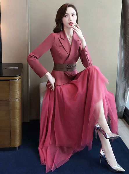 

2019 autumn new style two-piece net yarn skirt western style age-reducing temperament small suit suit female korean version, Black;brown