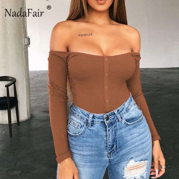 

nadafair long sleeve off shoulder bodysuits women strapless skinny button autumn winter bodysuit ribbed body female romper, Black;white