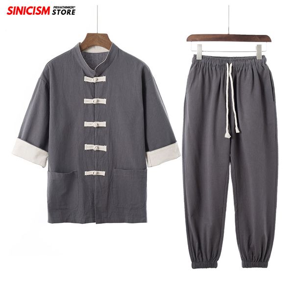 

sinicism store cotton linen shirts men's sets vintage summer tracksuit men 2020 loose pants suits chinese style male clothes 5xl, Gray