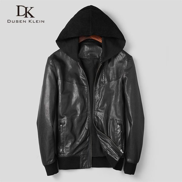 

men genuine leather jacket sheepskin hooded jackets casual short black pockets 2019 autumn new jacket washed leather s1017