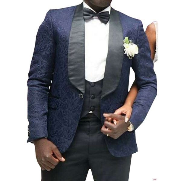 

men's suits & blazers navy blue floral wedding tuxedos for men groom prom black shawl lapel 3 piece custom set jacket vest with pants 2, White;black
