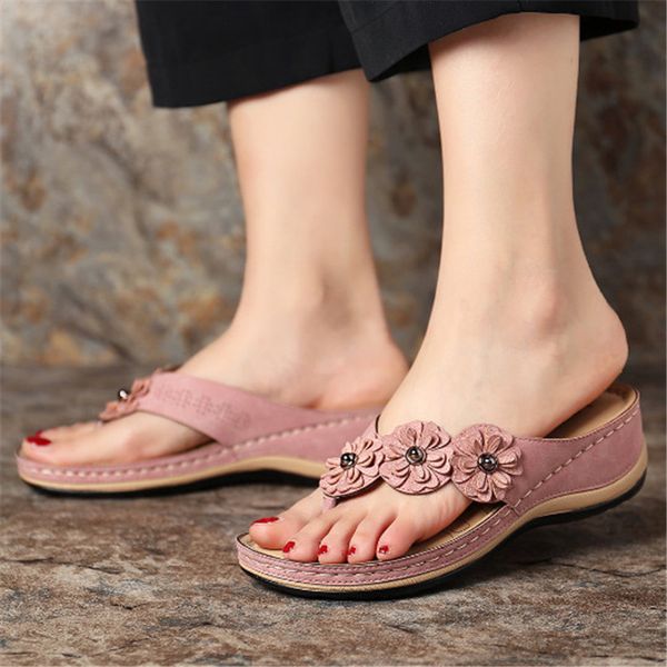

women's sandals retro flower flip-flops slippers female 2020 summer female flats outside lady casual slides, Black