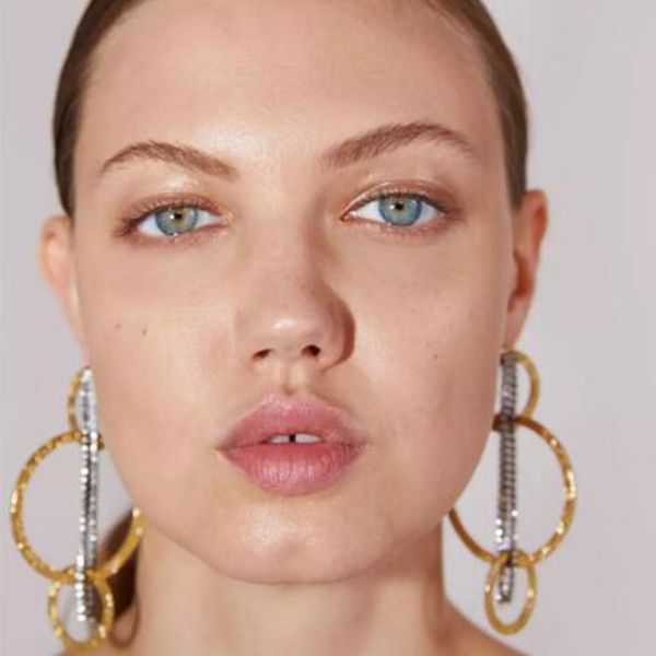 

popular european and american famous alloy diamond set tassel earrings cool geometric big ring stitching earrings, Golden