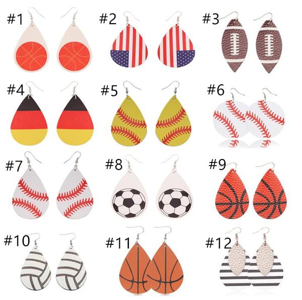 

fashion sports styles pu leather droplet shape earrings vintage baseball football america national flag earring kids jewelry t10c001, Red;brown