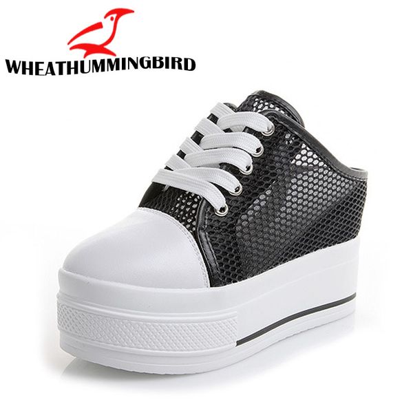

women mesh casual shoes flat platform wedge shoes height increasing hollow hole breathable sneakers slippers mc-08, Black