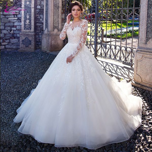 

modest full sleeve ball gown wedding dresses with elegant lace of button closure sheer neck bridal gowns, White