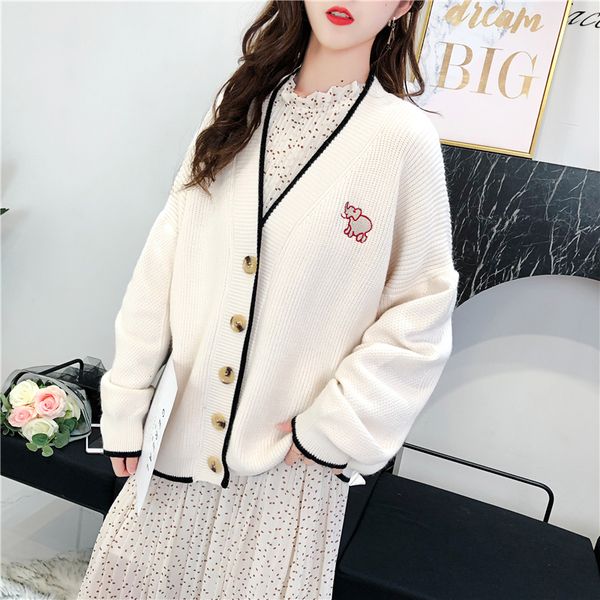 

2019 knit women sweater fashion loose warm animal cardigan women casual long sleeve winter coat office lady, White
