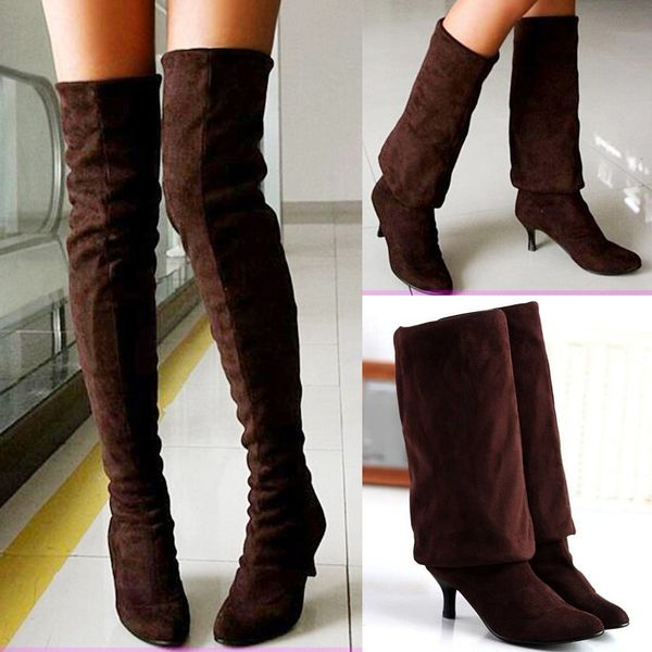 

ladies spike heels high flock over kneeth strentch pointed toe thigh boots, Black
