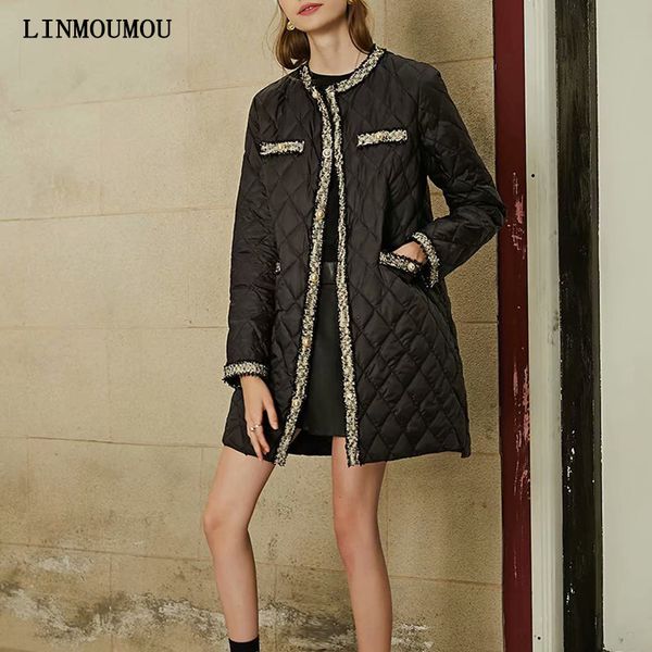 

winter thick warm woman's coats round neck checked down-jacket stitching slim long-sleeved pearl button decorative down-jacket, Black