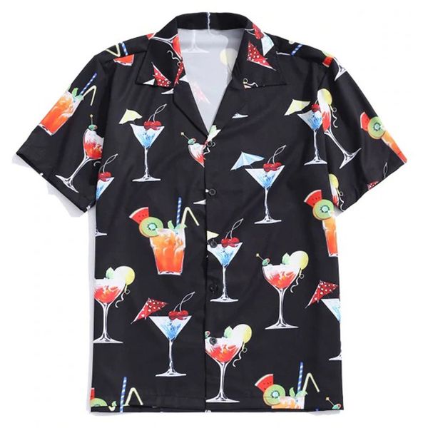 

camisa masculina manga curta men summer fashion lapel cartoon drink print short sleeve hawaiian casual shirt men's shirts coton, White;black