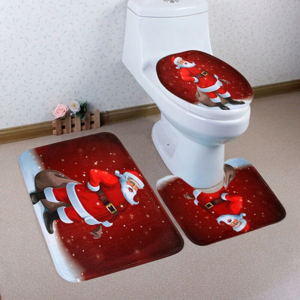 

3pcs set christmas xmas decoration santa toilet seat & cover & rug bathroom mat gift new