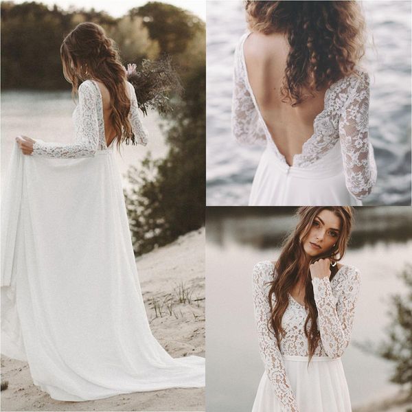 

v-neck backless country beach wedding dresses long sleeve appliques lace chiffon skirt bohemian custom made wedding dress, White