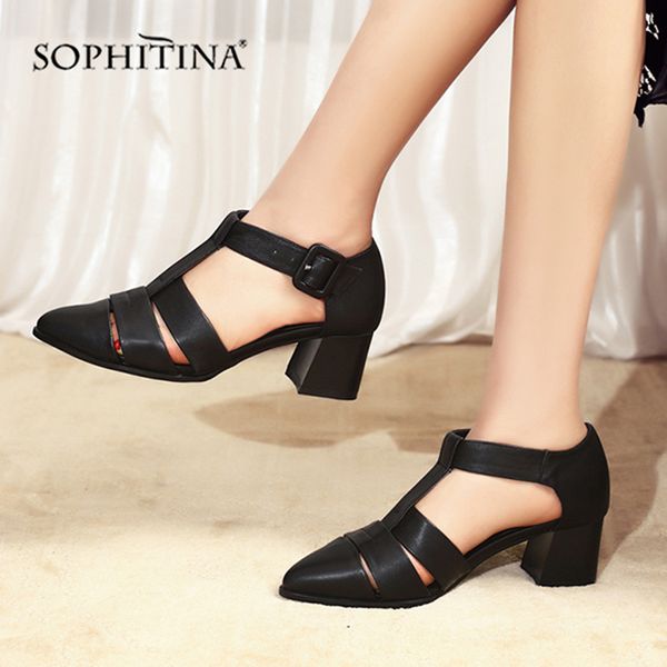 

sophitina womens sandals fashion gladiator shoes genuine leather comfortable square heel shoes novelty new mo72, Black