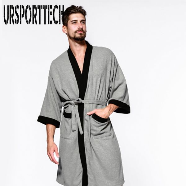 

casual waffle knit cotton male robes bathrobes long-sleeved sauna spa bathrobes roupao lovers kimono pajama robes man nightgown, Black;brown
