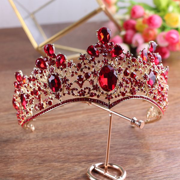 

baroque vintage gold red green crystal crown wedding tiara rhinestone pageant prom crowns bride headbands women hair accessories, Golden;white