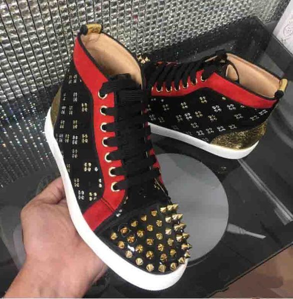 

original box]famous red bottom spikes orlato red bottom sneakers embroidery loubin studs high studs skateboarding outdoor luxury sneake, Black
