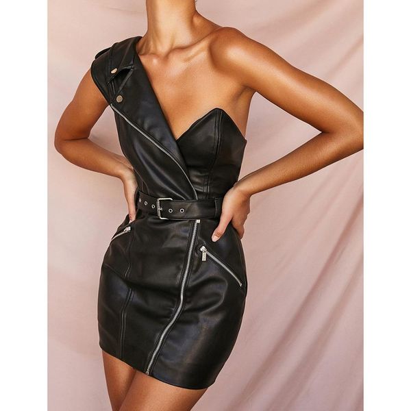 

2019 autumn and winter new black asymmetric shoulder zipper belt waist slimming hip mini dress fashion elegan, Black;gray