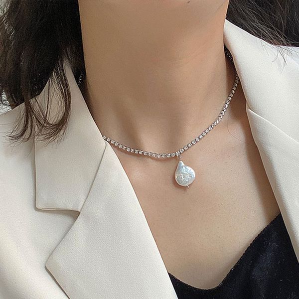 

huanzhi 2020 new zircon baroque pearl love cross pendant clavicle chain sweater chain necklace for women girls party jewelry, Silver