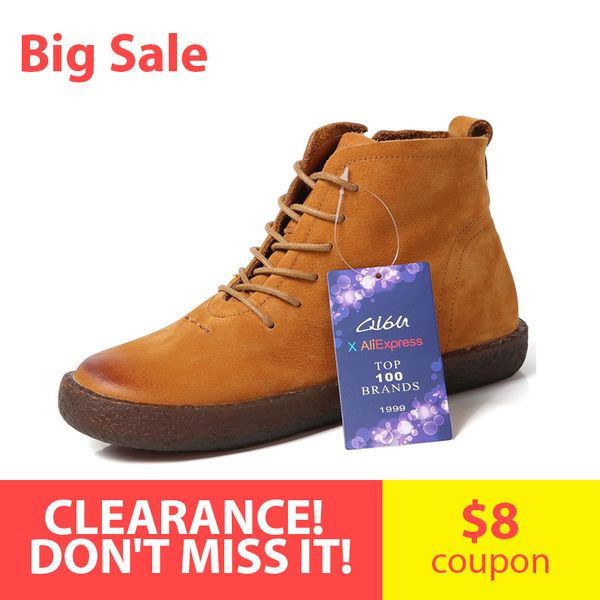 

o16u ankle boots shoes women genuine leather lace up ladies boots retro low heel rubber women autumn winter, Black